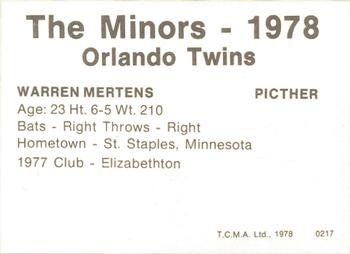 1978 TCMA Orlando Twins #0217 Warren Mertens Back