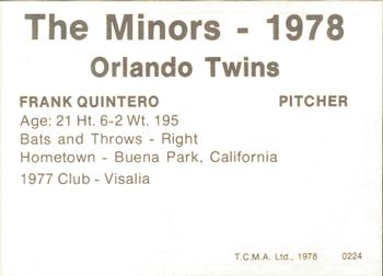 1978 TCMA Orlando Twins #0224 Frank Quintero Back
