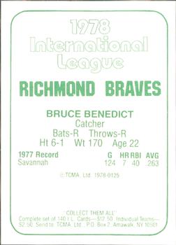 1978 TCMA Richmond Braves #125 Bruce Benedict Back