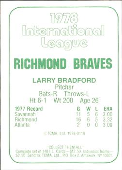 1978 TCMA Richmond Braves #118 Larry Bradford Back