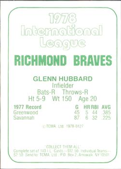 1978 TCMA Richmond Braves #127 Glenn Hubbard Back