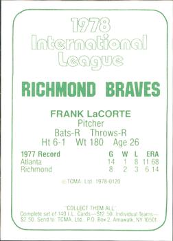 1978 TCMA Richmond Braves #120 Frank LaCorte Back