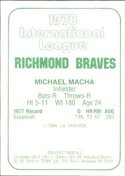 1978 TCMA Richmond Braves #128 Michael Macha Back