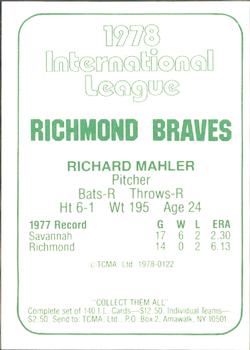 1978 TCMA Richmond Braves #122 Richard Mahler Back