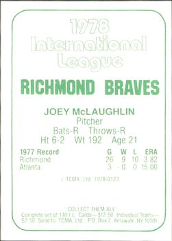 1978 TCMA Richmond Braves #123 Joey McLaughlin Back