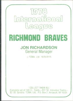 1978 TCMA Richmond Braves #115 Jon Richardson Back