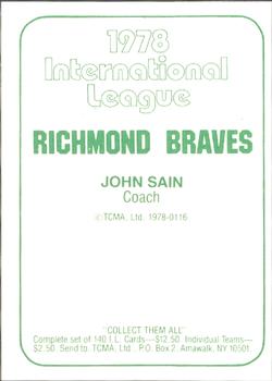 1978 TCMA Richmond Braves #116 John Sain Back