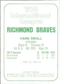 1978 TCMA Richmond Braves #131 Hank Small Back