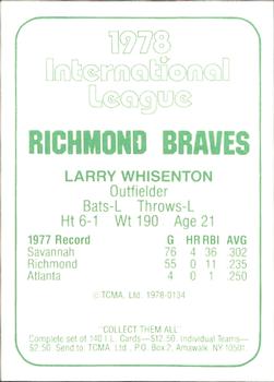 1978 TCMA Richmond Braves #134 Larry Whisenton Back