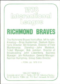 1978 TCMA Richmond Braves #114 Front Office Back