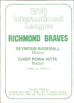 1978 TCMA Richmond Braves #117 Seymour Baseball / Chief Powa Hitta Back