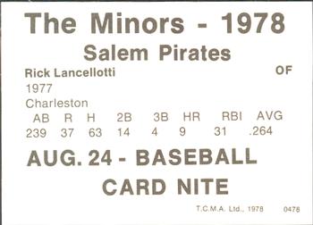 1978 TCMA Salem Pirates #7 Rick Lancellotti Back