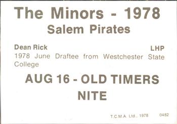 1978 TCMA Salem Pirates #13 Dean Rick Back