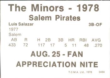 1978 TCMA Salem Pirates #15 Luis Salazar Back