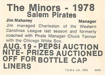 1978 TCMA Salem Pirates #9 Jim Mahoney Back