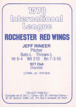 1978 TCMA Rochester Red Wings #38 Jeff Rineer Back