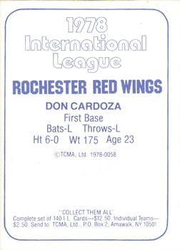 1978 TCMA Rochester Red Wings #58 Don Cardoza Back