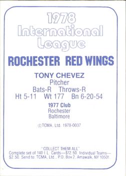 1978 TCMA Rochester Red Wings #37 Tony Chevez Back
