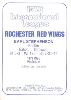 1978 TCMA Rochester Red Wings #39 Earl Stephenson Back
