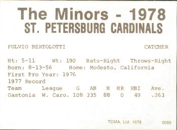 1978 TCMA St. Petersburg Cardinals #NNO Fulvio Bertolotti Back