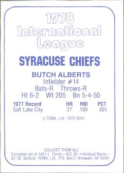1978 TCMA Syracuse Chiefs #54 Butch Alberts Back