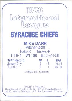 1978 TCMA Syracuse Chiefs #43 Mike Darr Back