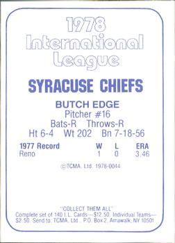 1978 TCMA Syracuse Chiefs #44 Butch Edge Back