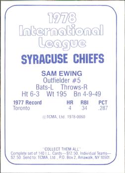 1978 TCMA Syracuse Chiefs #60 Sam Ewing Back