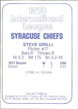 1978 TCMA Syracuse Chiefs #46 Steve Grilli Back