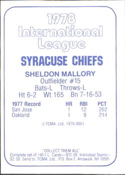 1978 TCMA Syracuse Chiefs #61 Sheldon Mallory Back