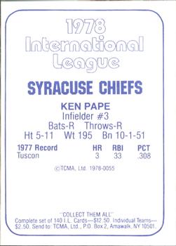 1978 TCMA Syracuse Chiefs #55 Ken Pape Back