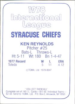 1978 TCMA Syracuse Chiefs #47 Ken Reynolds Back