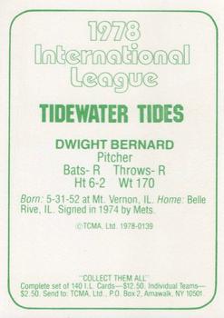 1978 TCMA Tidewater Tides #139 Dwight Bernard Back