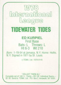 1978 TCMA Tidewater Tides #145 Ed Kurpiel Back