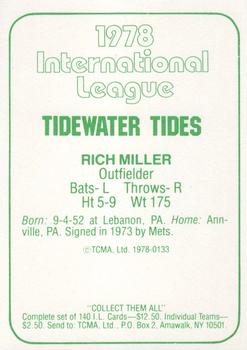 1978 TCMA Tidewater Tides #133 Rich Miller Back
