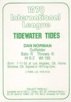 1978 TCMA Tidewater Tides #134 Dan Norman Back