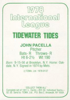 1978 TCMA Tidewater Tides #137 John Pacella Back