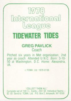 1978 TCMA Tidewater Tides #136 Greg Pavlick Back