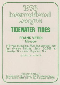 1978 TCMA Tidewater Tides #135 Frank Verdi Back