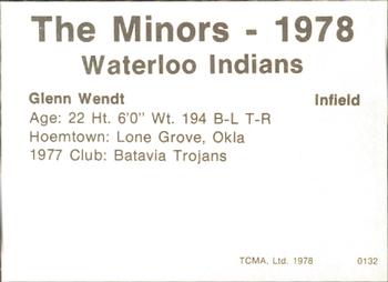 1978 TCMA Waterloo Indians #25 Glenn Wendt Back