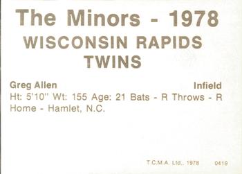 1978 TCMA Wisconsin Rapids Twins #0419 Greg Allen Back