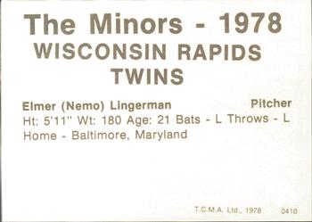 1978 TCMA Wisconsin Rapids Twins #0410 Elmer Lingerman Back