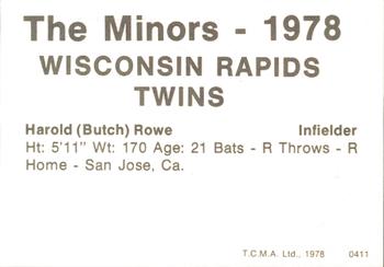 1978 TCMA Wisconsin Rapids Twins #0411 Harold Rowe Back