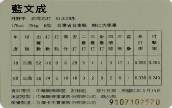 1991 CPBL #094 Wen-Cheng Lan Back