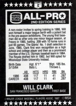 1987 Burger King All-Pro #3 Will Clark Back