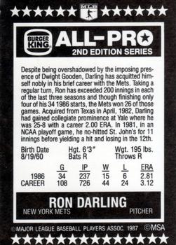 1987 Burger King All-Pro #6 Ron Darling Back