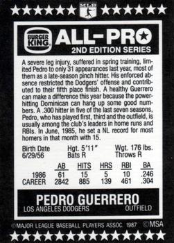 1987 Burger King All-Pro #7 Pedro Guerrero Back