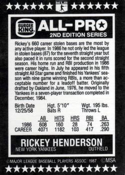 1987 Burger King All-Pro #9 Rickey Henderson Back
