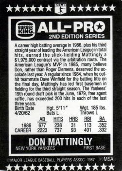 1987 Burger King All-Pro #13 Don Mattingly Back