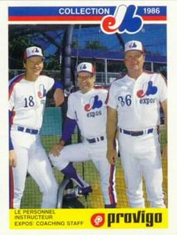 1986 Provigo Montreal Expos #14 Montreal Expos Coaches - Joe Kerrigan / Bobby Winkles / Larry Bearnarth Front